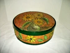 Cottagecore Folk Art Pantry Box Cheese 1940s Primitive HP Sunflowers Wood Metal