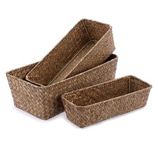 3 Natural Wicker Basket Set Rectangular Handwoven Seagrass Basket Storage Bin...