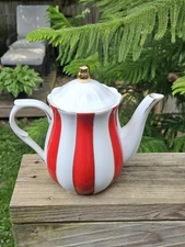 Grace Teaware Porcelain Red & White Stripe Tall Teapot Gold Scallop Trim 8" Tea