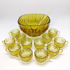 Vintage Hazel Atlas Williamsport Amber Glass Punch Bowl Set with x 12 Glasses