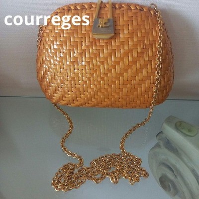 COURREGES Paris Shoulder Bag Orange Rattan Gold Chained Clutch Bag Authentic
