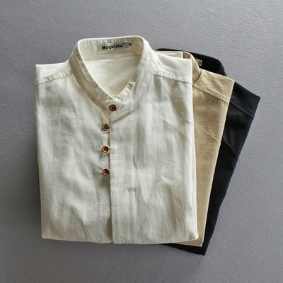 Hemd Leinen Herren Lässig Vintage-Stehkragen Hemden Shirts Tops Grau Tücher MLXL