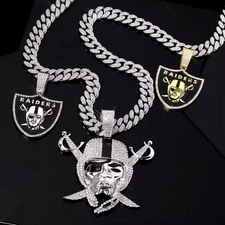 Raiders Pendant Necklace Silver Gold Iced Cuban Link Chain Shield Helmet Jewelry