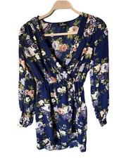 Lulus Womens  Sm Long Sleeve Mini Dress Navy Blue Floral Flirty Romantic Casual