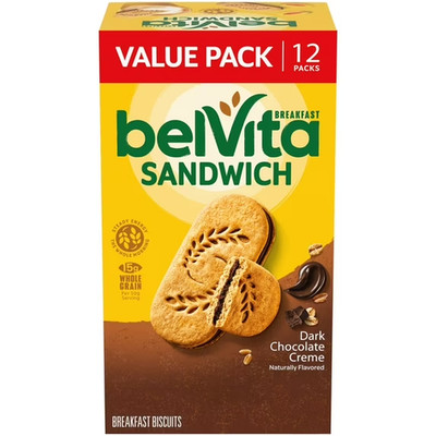 belVita Breakfast Bar Biscuit Sandwiches Dark Chocolate Creme, Value Pack, 12 Pa