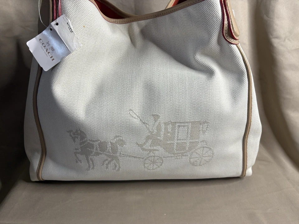 Bolso de Hombro Coach EDIE Marfil Rojo Lona Caballo y Carruaje Nuevo con Etiquetas con Plumero Foto 2 de 4