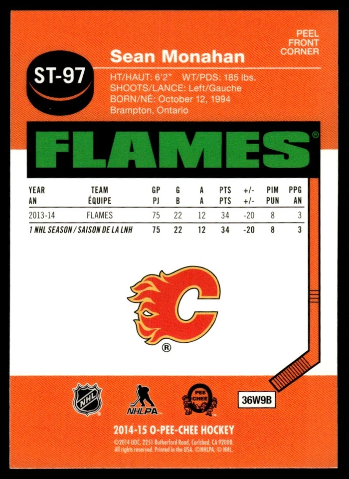 2014-15 O-Pee-Chee Stickers Sean Monahan Calgary Flames #ST-97 - Image 2 of 2