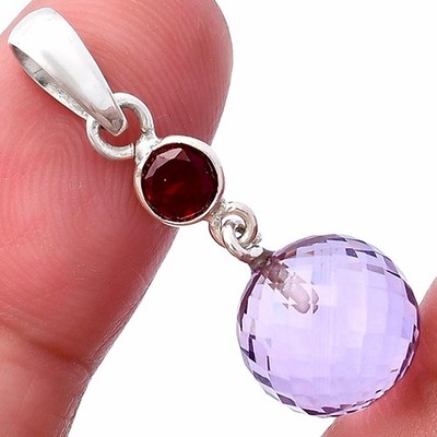 Amethyst Karo Kugel & Granat 925 Sterling Silber Anhänger Schmuck P-1729
