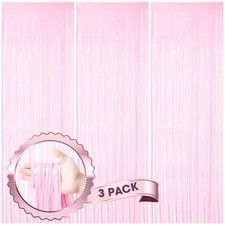 Foil Fringe Backdrop Curtains 3 Pack 3.3x8.2 Feet Pastel Pink Tinsel Streamer