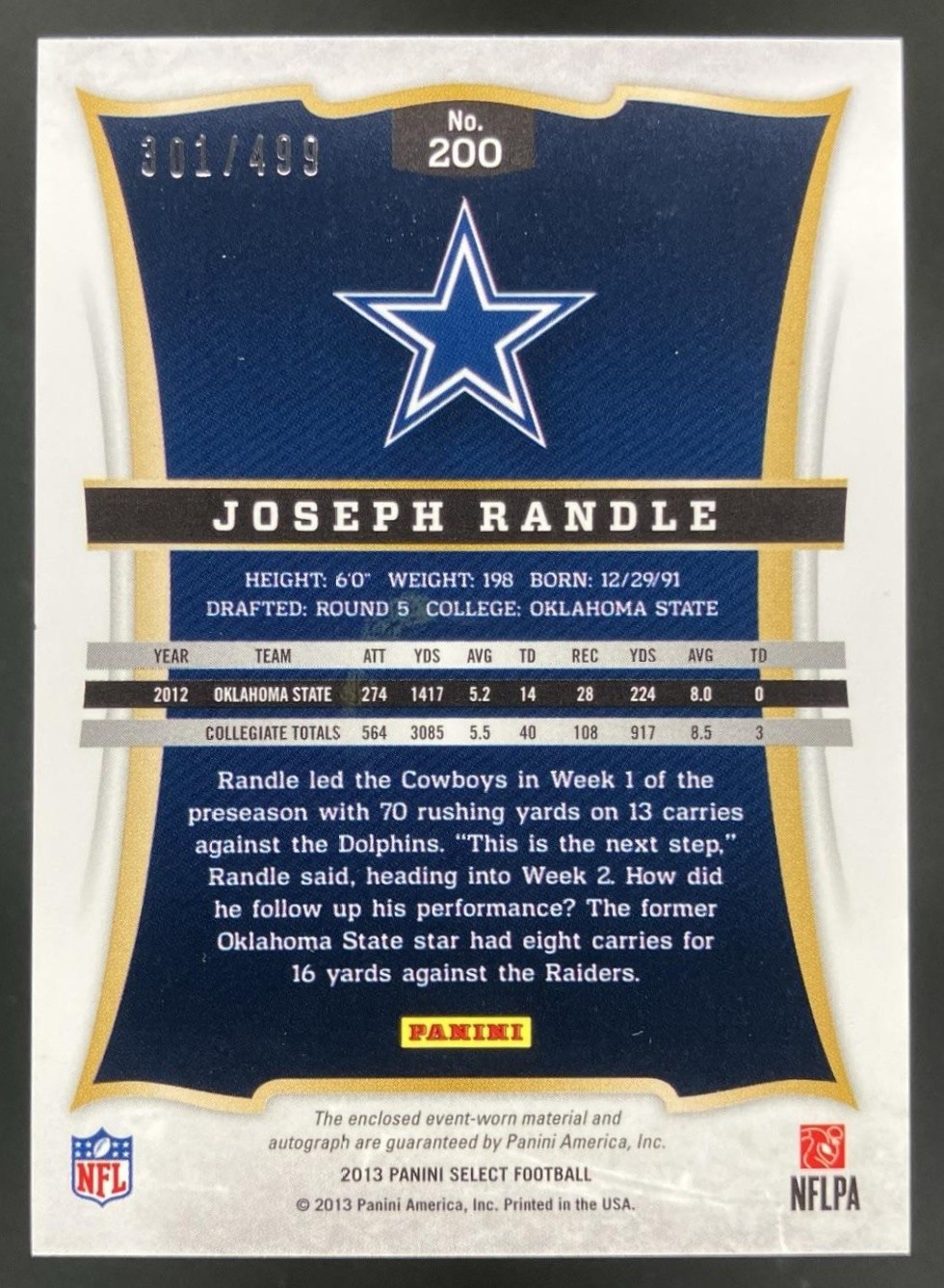2013 Panini Select Joseph Randle Rookie Patch Auto /499 #200 RPA Dallas Cowboys view 2