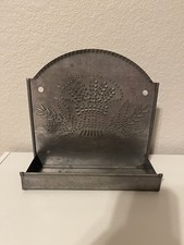 Vintage Wall Mount Shabby Pierced Punched Tin Comb Brush Holder Wheat Pattern