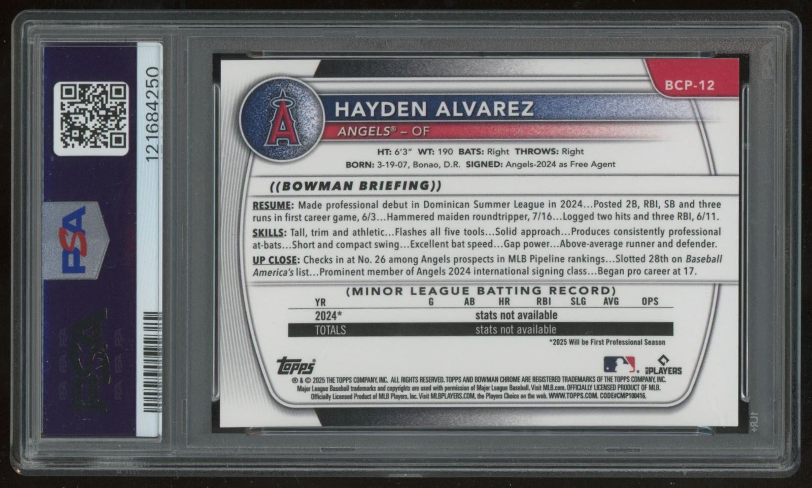 HAYDEN ALVAREZ 2025 BOWMAN CHROME #BCP-12 RED LAVA REFRACTOR 2/5 PSA 9 view 2