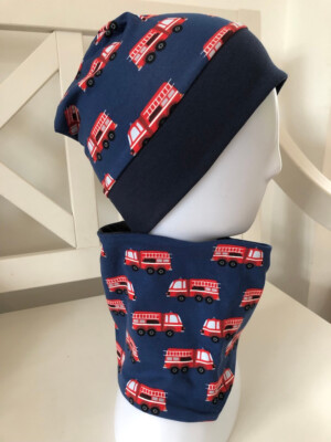 Beanie Mütze Kinder Loop Schal Set NEU Feuerwehr Blau viele Größen