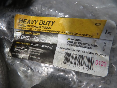 NOS Smart Straps Heavy Duty 3/4" Weld On Forged D Ring 6666 Lb Work Load #872P - Bild 4 von 4