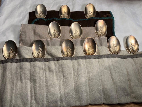 EGLANTINE BY GORHAM FULL SET OF 12 STERLING/GW ICE CREAM SPOONS W/ STRAWBERRY 6" - Picture 3 of 10