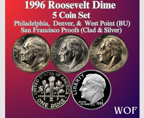1996 P D W S ROOSEVELT DIME 5 COIN SET MINT BU & PROOF & SILVER PROOF