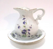 Vintage Lefton Pitcher & Bowl w Hand Painted Violets 14K Gold Trim #14311, 1984