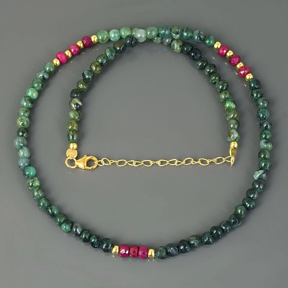 Natürliche Rubin & Smaragd Runde Perlen 18 " Kette 925 Silber Strand Damen Kette - Bild 2 von 4