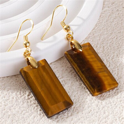 1Pair Faceted Yellow Tiger Eye Gem Oblong Pendant Bead Earrings C6