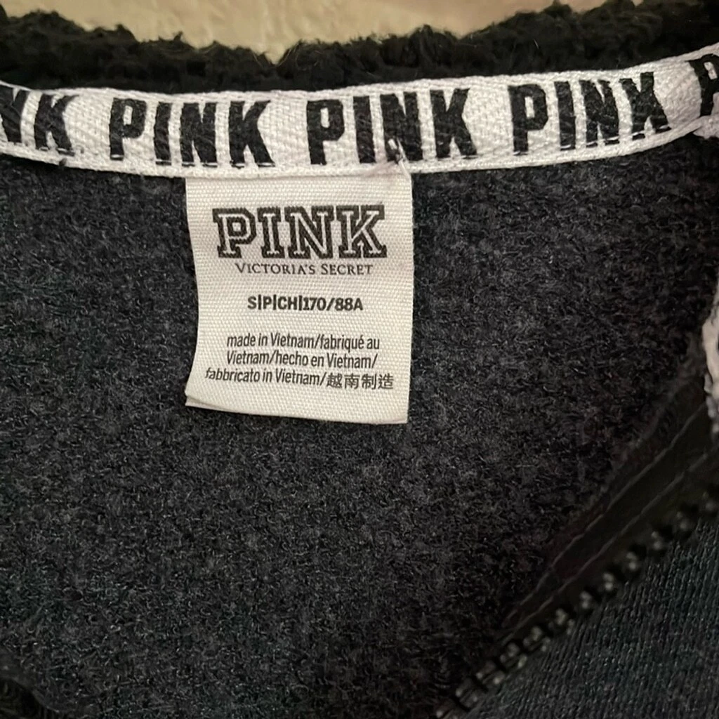 UNDERCOVER VICTORIA'S SECRET PINK Sherpa con cappuccio campus zip raso pullover felpa grigio S