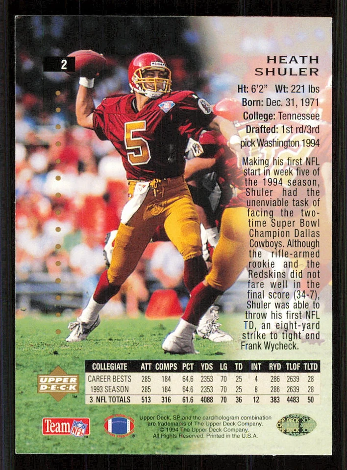 1994 SP #2 Heath Shuler RC - Image 2 of 2