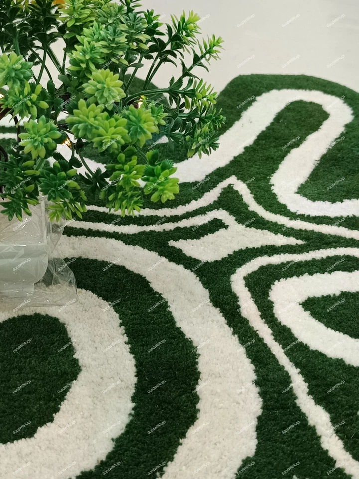 Green & White Amoeba Irregular Shape Hand Tufted Rug Wool Area Rug Custom Size - Image 4 of 4