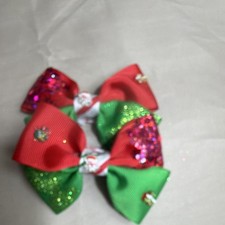 Girls Ribbon Hair Bow Set of 2, Red Green Glitter Sequin Santa Christmas Solid