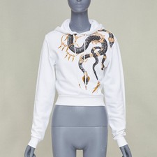 ROBERTO CAVALLI 2022 white cotton crystal embellish snake chain crop hoodie XS