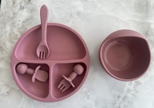 Ensemble vaisselle bébé silicone rose assiette bol couvert micro-ondes