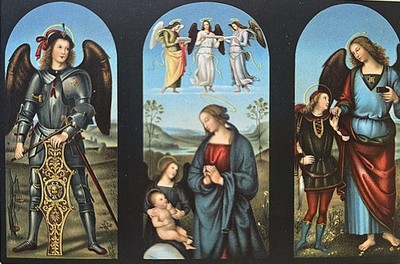 Archangel Michael, The Virgin and Child, Raphael and Tobias 1920s old card