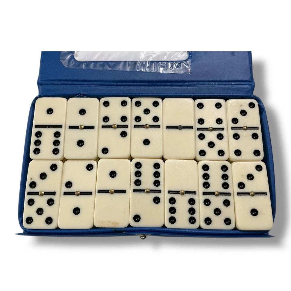 Vintage Dominoes Set 28pcs W/ Blue Case Brass Spinner Double Six - Image 3 of 4