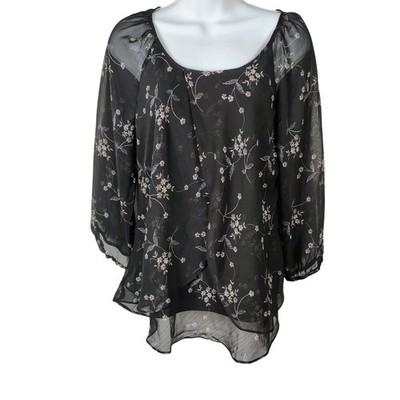 Blousology  Black Floral Sheer Layered Blouse Med summer festival goth vamp dark