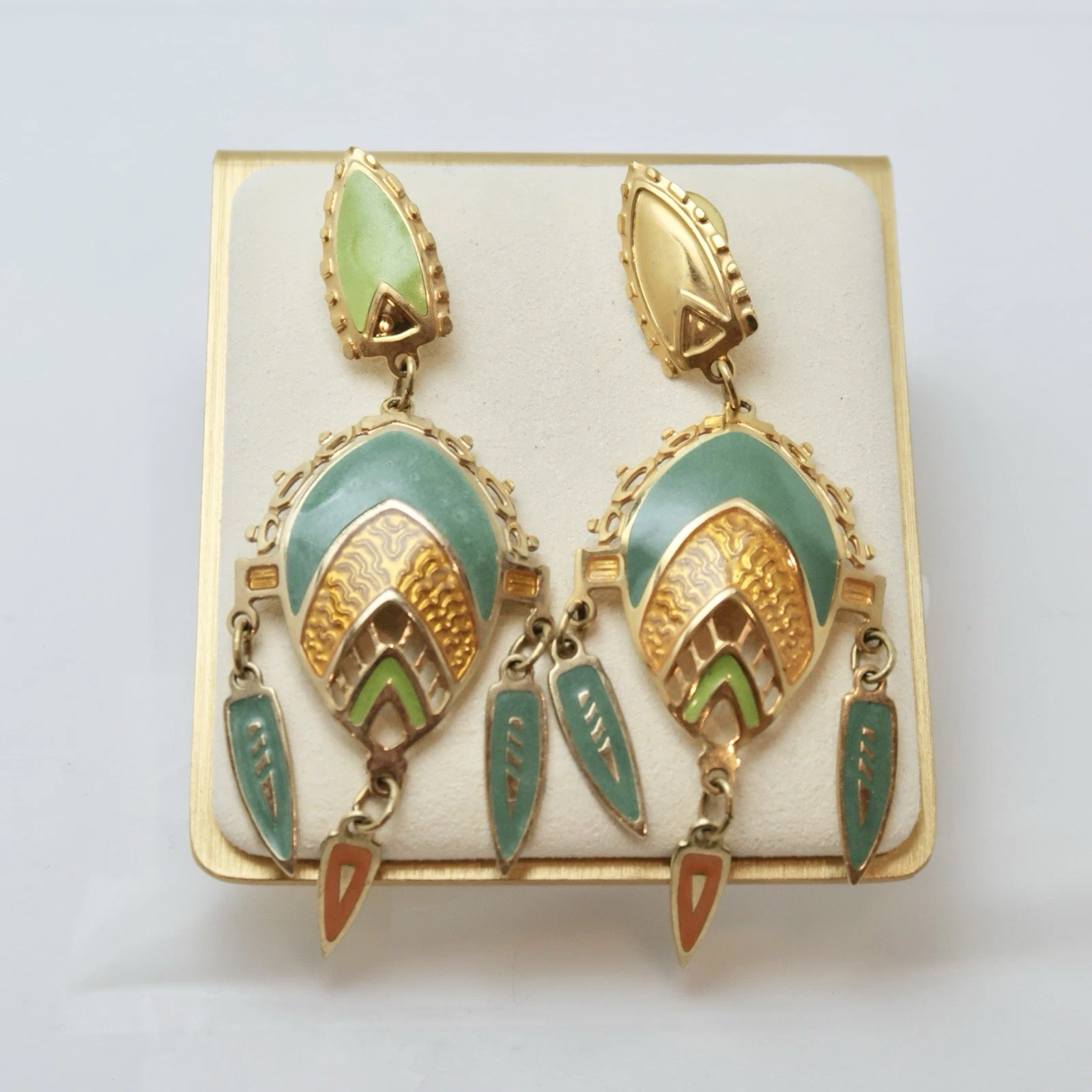EDGAR BEREBI Emerald Enamel Large Dangle Gold Tone Vintage Earring Jewelry E47