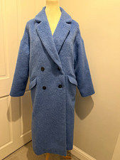 F&F Blue Faux Fur Double-Breasted Overcoat Long Collared Pockets M/L