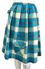 60s Wool Plaid Skirt Size X-Small Pleated Pockets Blue Metal Zip Button 26" EUC