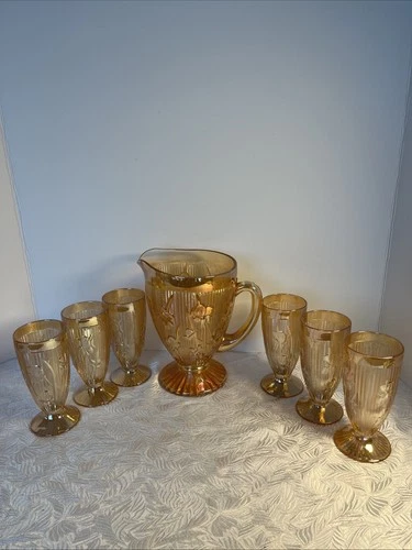 Vintage Jeanette Iris Herringbone Marigold Carnival Glass Pitcher & 6 Glasses