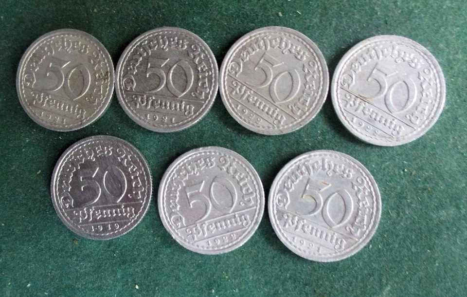 7 x Münze Deutsches Reich 50 Pfennig "Sich regen bringt Segen" - Bild 1 von 2
