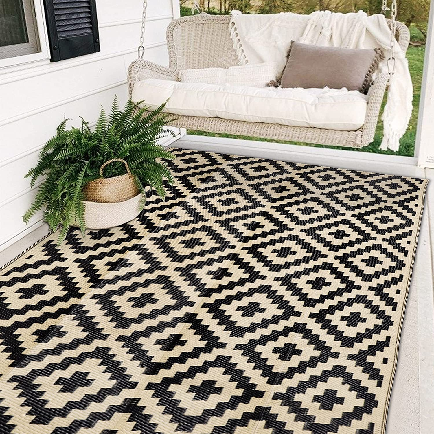 Waterproof Outdoor Rug 5x8 ft, Plastic Reversible Rug, Modern Area Rug, Large Fl