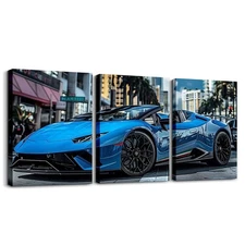 Blue Car Canvas Wall Art Set of 3 Cool Cars Room Decor for Boys Men,Sports Ca...