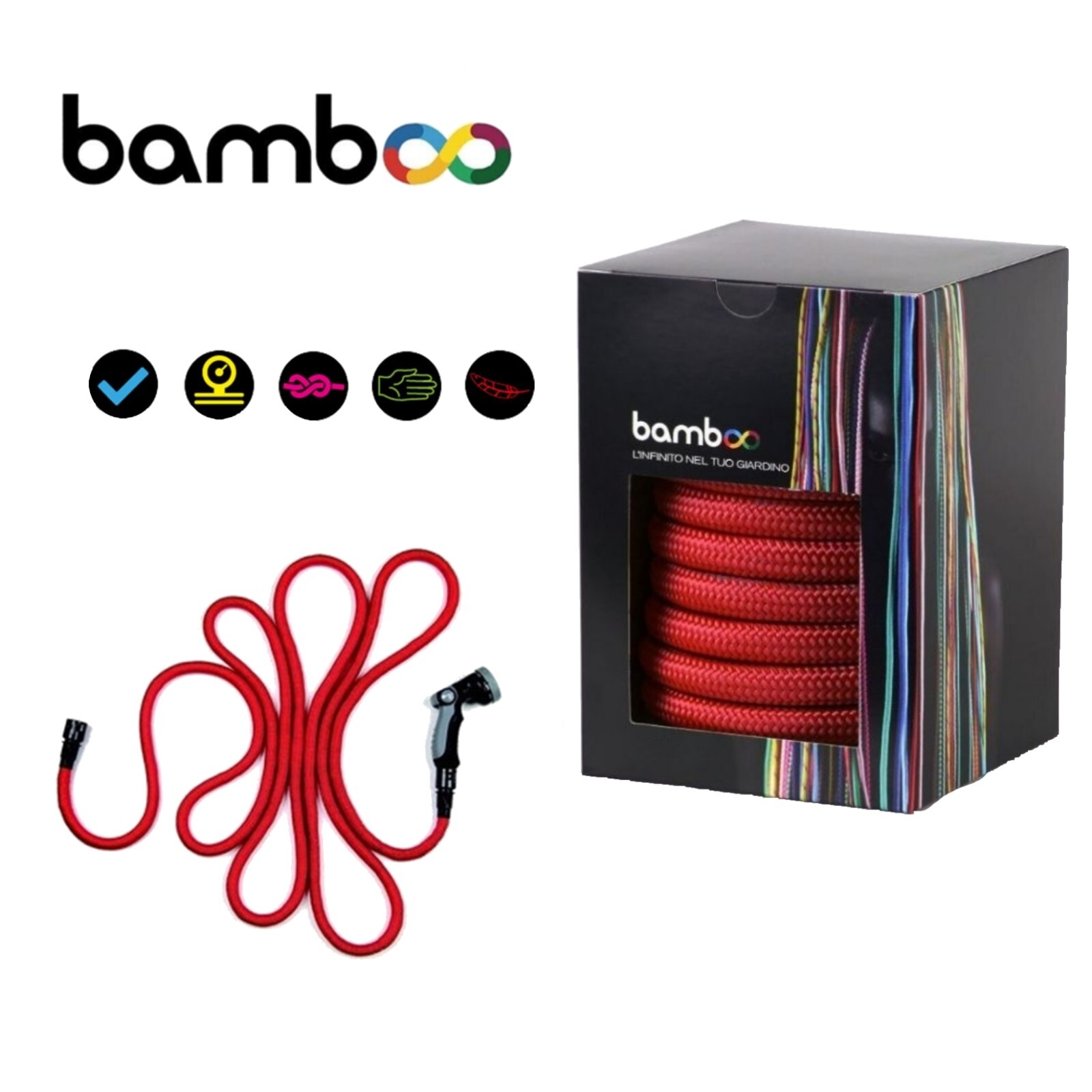 Tubo Giardino Estensibile Rosso Bamboo 10-30m con Pistola Multifunzione