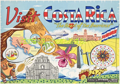 VISIT COSTA RICA  “THE HEART OF THE AMERICAS.” 1950.- affiche plastifiée - Photo 1/12