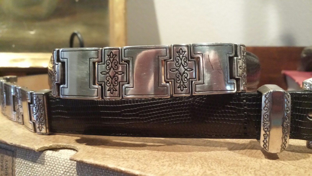 BRIGHTON Black Leather Silver Classy Detailed THIN BELT 