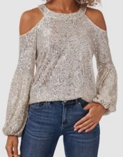 CeCe Womens Silver Cold Shoulder Sequin Blouse Size Top M
