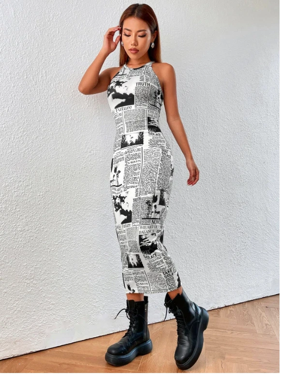 Vestido ceñido al cuerpo con estampado de periódico Coolane blanco y negro talla XS S M L Foto 4 de 4