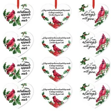 12 Pcs Red Cardinal Christmas Ornaments Acrylic Heart Hanging Memorial Orname...