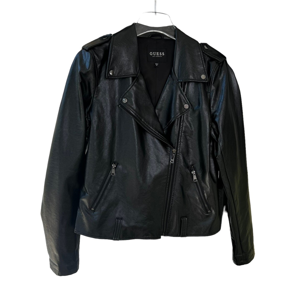 Guess Black Faux Leather Moto Women’s Zipper Pockets Jacket Medium missing  belt - Main Image