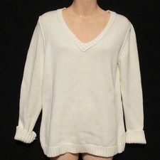 Eddie Bauer Ivory 100 Cotton Knit Sweater Women's size Small V neck Pullover