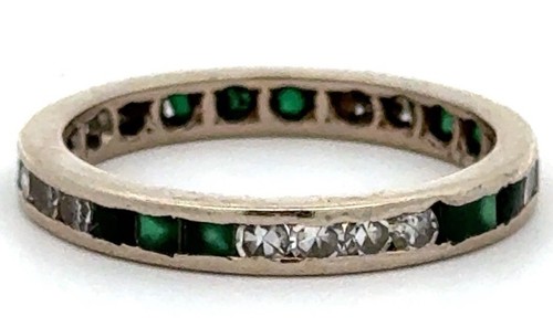 Estate 14kt White Gold Emerald Diamond Eternity May Anniversary Band Ring