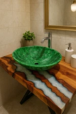 "Green Quartz Stone Vessel Sink – Polished Round Countertop Basin for Bathroom"