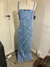Simply Be Denim Dress UK 14 US 10 Light Wash Blue Raw Edge Panel Maxi Slit NWT